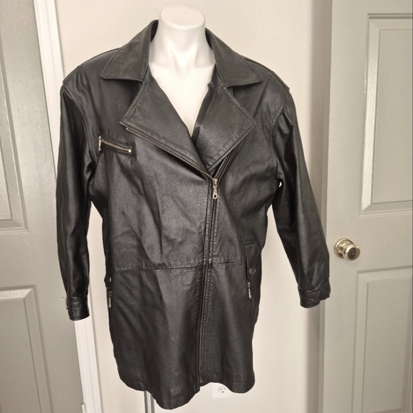 Vintage Northern Style Black Oversized Leather Hip Length Unisex Jacket Coat(L) - Picture 1 of 10